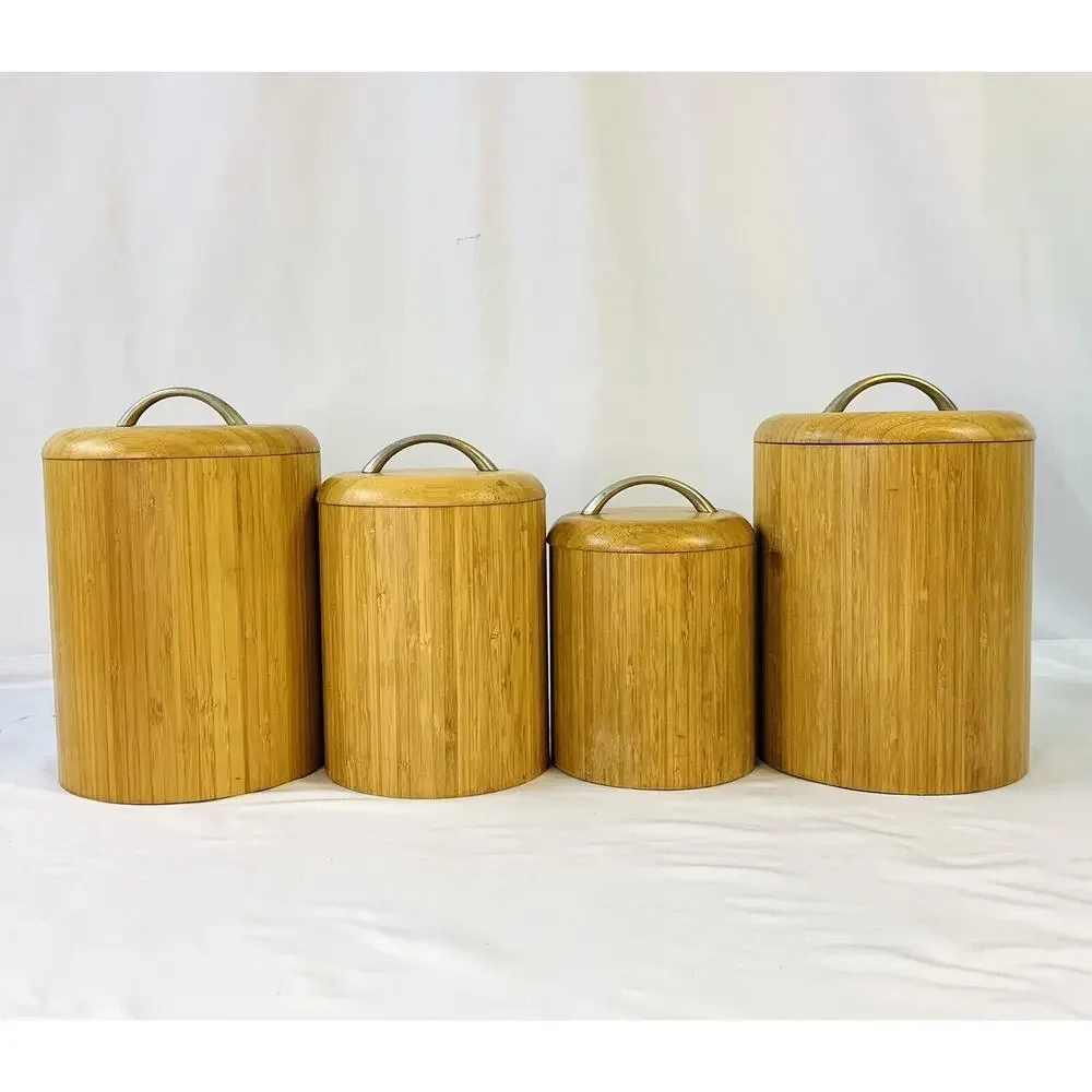Vtg MCM Wood Bamboo Canister Set Plastic Lined - Set of 4